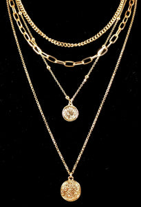 Enlarged picture of Four Layer Necklace with Plain Link Chain, Plain Chunky Chain, Studded Chain with Coin Charm and Delicate Link Chain with Coin Charm  Color: Gold Approx. 16-18-20-24" Length x 0.5-0.75" Pendant Clasp Closure 