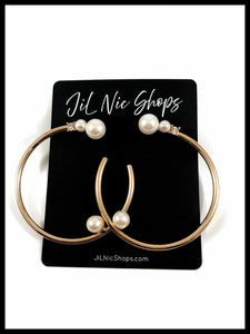 Image of Pearl Embellished Gold Hoop with Rhinestone Accent Color: Gold/Ivory Approx. 2.25" Length x 2.25" Width Post Back