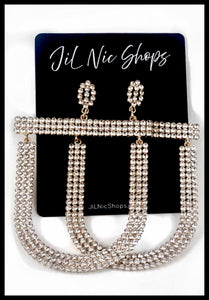 Image of Oversized Rhinestone Pave Earrings Color: Clear/Gold Approx. 4" Length x 2.5" Width Post Back