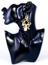 Load image into Gallery viewer, Texture Octopus with Pearl Accent Dangle Earrings Color: Gold/White Approx. 2.8&quot; Length x 1.5&quot; Width Lever Back