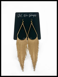 Teardrop Long Fringe Drop Earrings Color: Gold Approx. 5" Length x 1" Width Hook Back