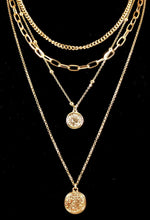 Load image into Gallery viewer, Enlarged picture of Four Layer Necklace with Plain Link Chain, Plain Chunky Chain, Studded Chain with Coin Charm and Delicate Link Chain with Coin Charm  Color: Gold Approx. 16-18-20-24&quot; Length x 0.5-0.75&quot; Pendant Clasp Closure 
