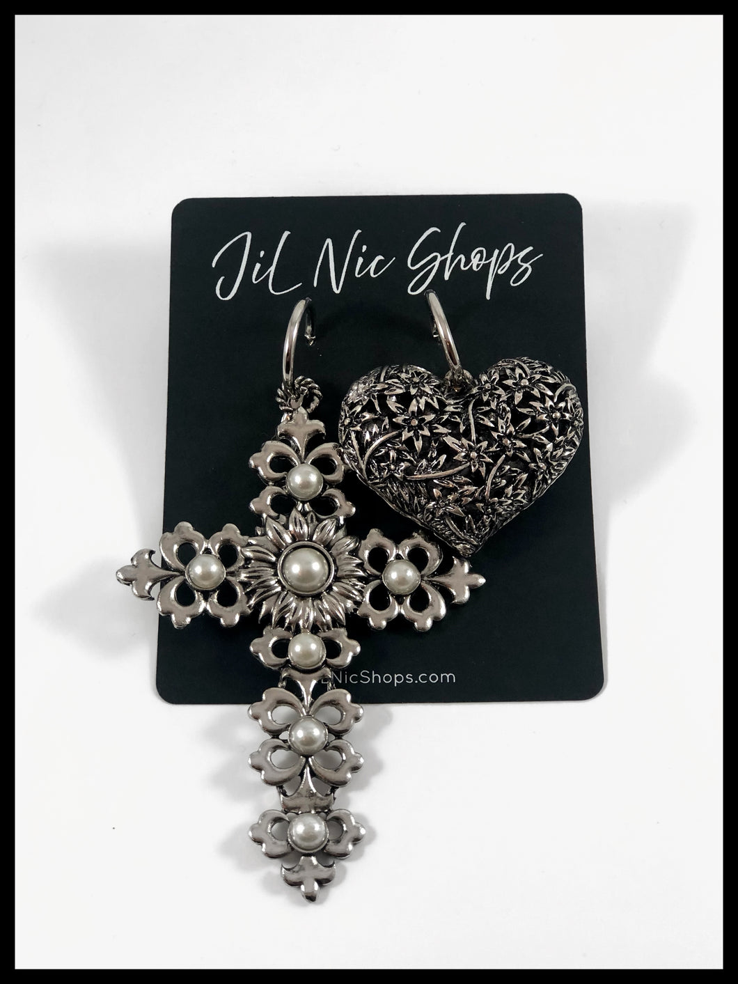 Mismatched Oversized Pearl Cross and Heart Drop Earrings Color: Oxidized Silver Approx. Cross 4.25