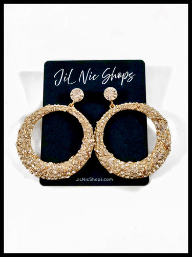 Rhinestone Hoop Metal Earrings with Post and Spiral Setting Color: Clear/Gold Approx. 2.5
