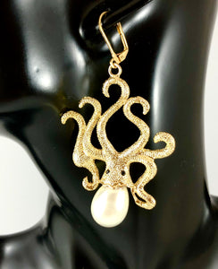 Enlarged picture of Texture Octopus with Pearl Accent Dangle Earrings Color: Gold/White Approx. 2.8" Length x 1.5" Width Lever Back