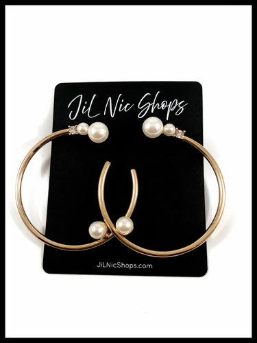 Image of Pearl Embellished Gold Hoop with Rhinestone Accent Color: Gold/Ivory Approx. 2.25