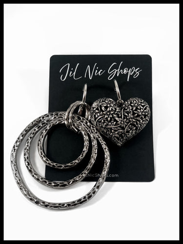 Mismatched Oversized Hammered Open Circle and Heart Drop Earrings Color: Oxidized Silver Approx. Cirlce 4.0