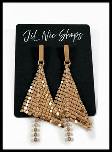 Metal Mesh Dangle with Rhinestones Earrings Color: Gold/Clear Approx. 3.5" Length x 1" Width Post Back