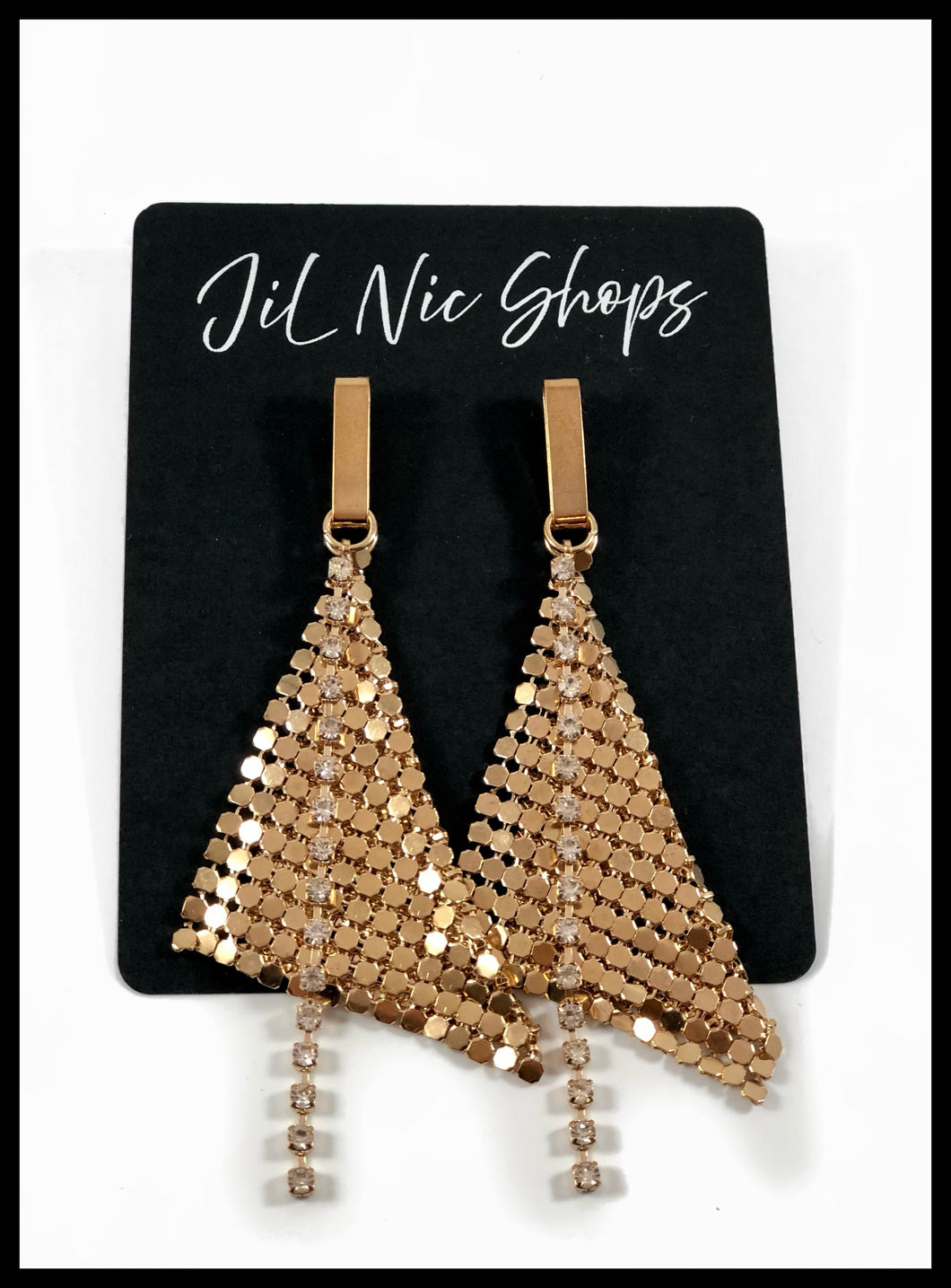 Metal Mesh Dangle with Rhinestones Earrings Color: Gold/Clear Approx. 3.5