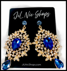 Image of Rhinestone Pave Floral Drop Earrings Color: Blue/Clear/Gold Approx. 3" Length x 1.7" Width Post Back