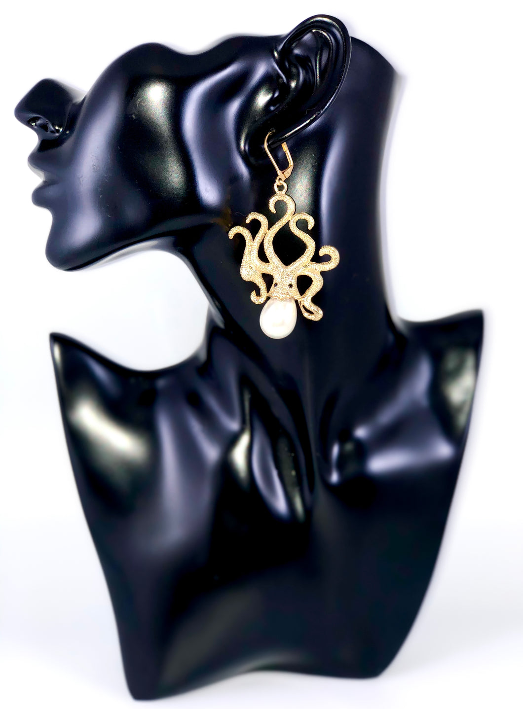 Texture Octopus with Pearl Accent Dangle Earrings Color: Gold/White Approx. 2.8