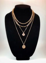 Load image into Gallery viewer, Four Layer Necklace with Plain Link Chain, Plain Chunky Chain, Studded Chain with Coin Charm and Delicate Link Chain with Coin Charm  Color: Gold Approx. 16-18-20-24&quot; Length x 0.5-0.75&quot; Pendant Clasp Closure 