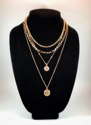 Four Layer Necklace with Plain Link Chain, Plain Chunky Chain, Studded Chain with Coin Charm and Delicate Link Chain with Coin Charm  Color: Gold Approx. 16-18-20-24