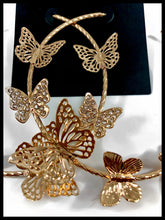 Load image into Gallery viewer, Detail picture of Butterfly Embellished Hoop Earrings  Color: Gold Approx. 3.0&quot; Length x 3.0&quot; Width Post Back