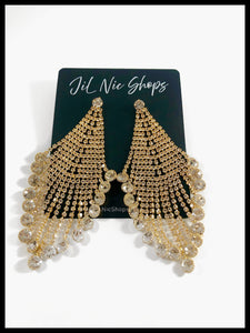 Picture of Glass Stone Pave Fringe Cascade Drop Earrings Color: Clear/Gold Approx. 3.75" Length x 1.75" Width Post Back