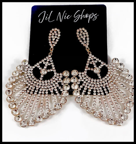 Image of Rhinestone Peacock Tail Drop Statement Earrings Color: Clear/Gold Approx. 4.25