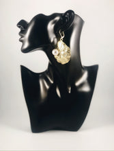 Load image into Gallery viewer, Biomorphic Gold Pearl with Rhinestone Details Dangle Earrings Color: Light Gold/White Approx. 2.5&quot; Length x 2.0&quot; Width  Lever Back