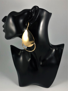 Gold double teardrop open drop earrings. Approximately 3.5" Length x 2" Width, with a post back.